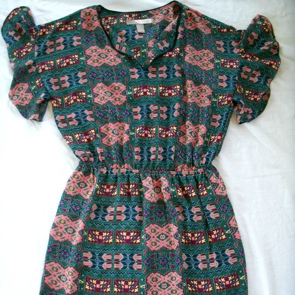Forever 21 Dresses & Skirts - Forever 21 Dress Tribal Aztec Green Flutter Sleeves Elastic Waist Small